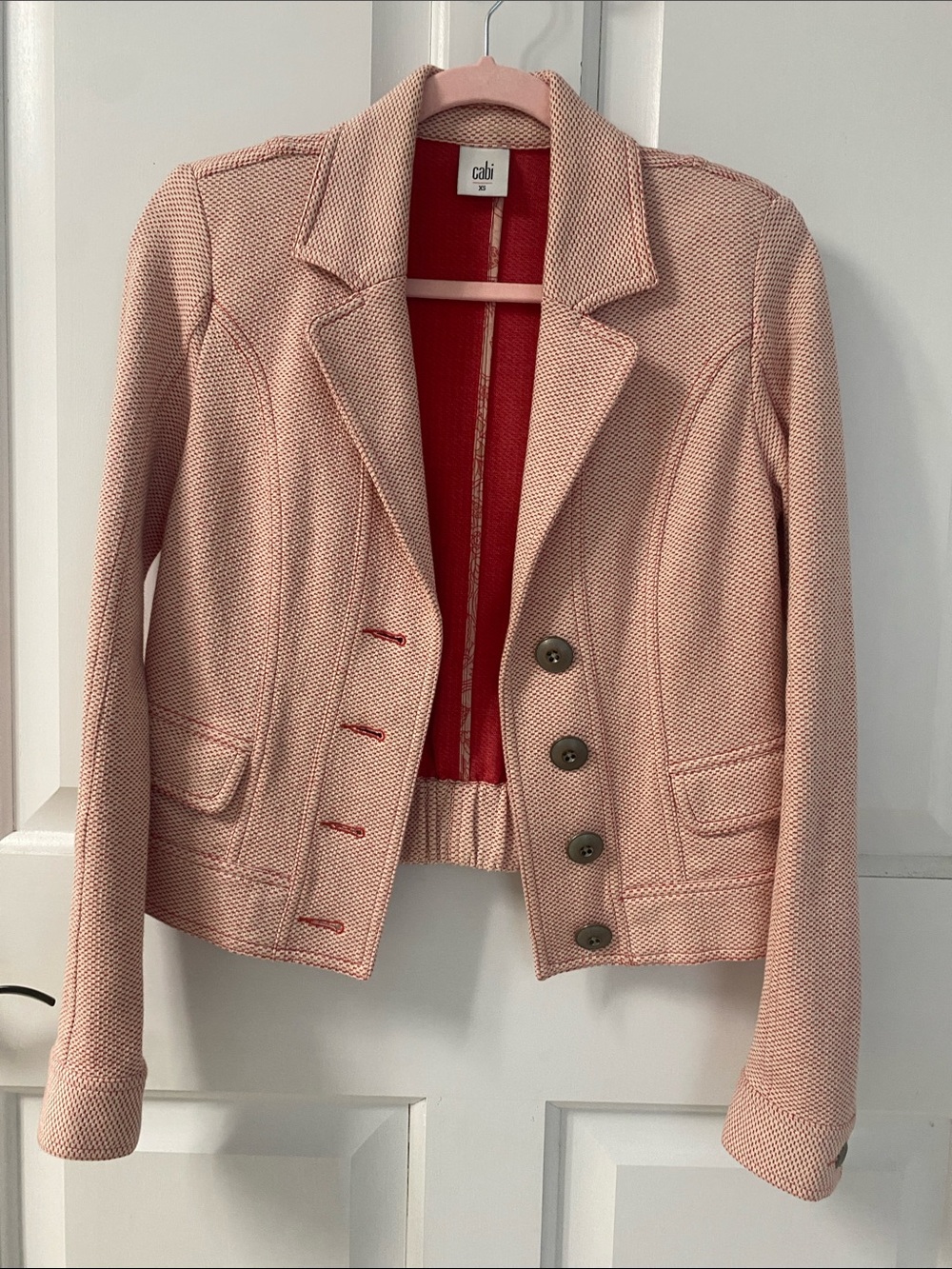 CAbi Blush Pink Knit Blazer with Contrasting Red Lining
